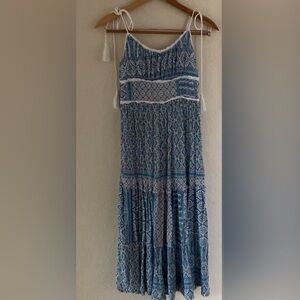 Olivaceous Women’s Sleeveless Racerback Blue and White Raffled Maxi Dress Size S